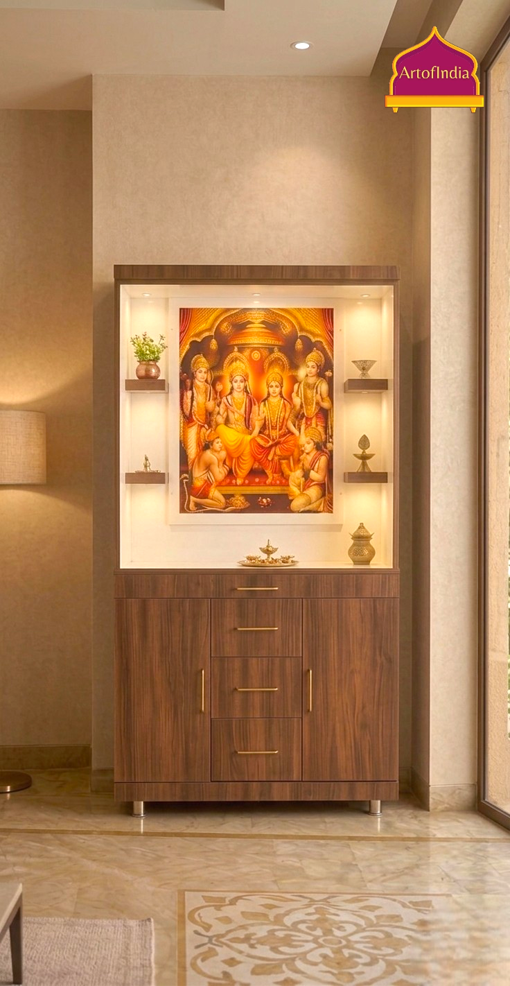ARTOFINDIA White Brown Wooden Pooja Mandir  With Ram DarWith Drawers Including Tray