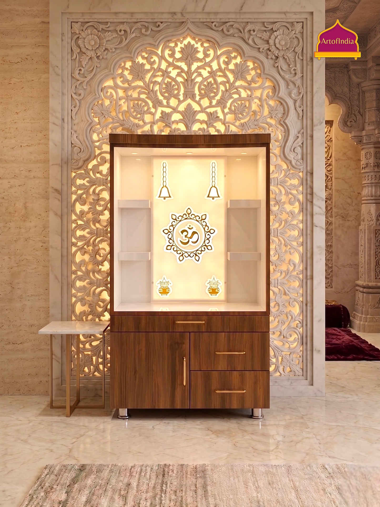 ARTOFINDIA White Brown Wooden Pooja Mandir  With Om Acralyic Design With Drawers Including Tray