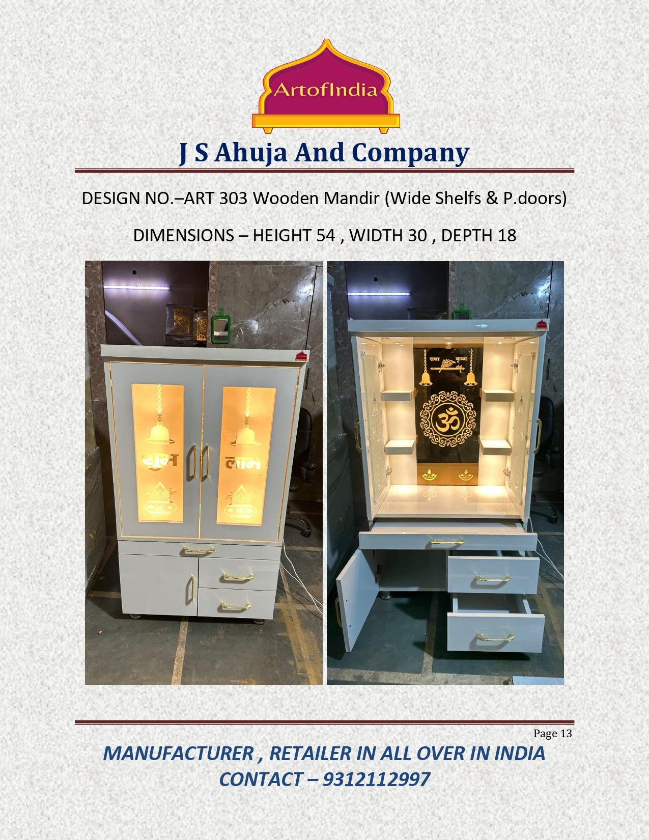 ARTOFINDIA White Wooden Pooja Mandir With Om Glass &  Glass Doors and Drawers Included Tray