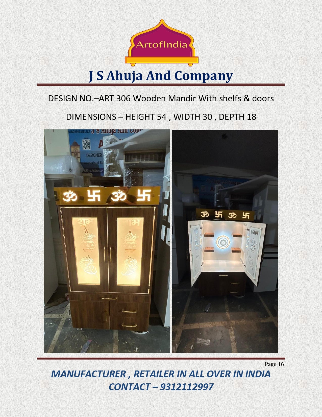 ARTOFINDIA White Brown  Wooden Pooja Mandir With Om Design  &  Glass Doors and Drawers Included Tray