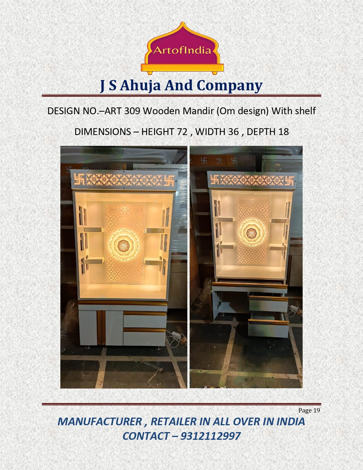 ARTOFINDIA White Wooden Pooja Mandir With Om Design  and Drawers Included Tray