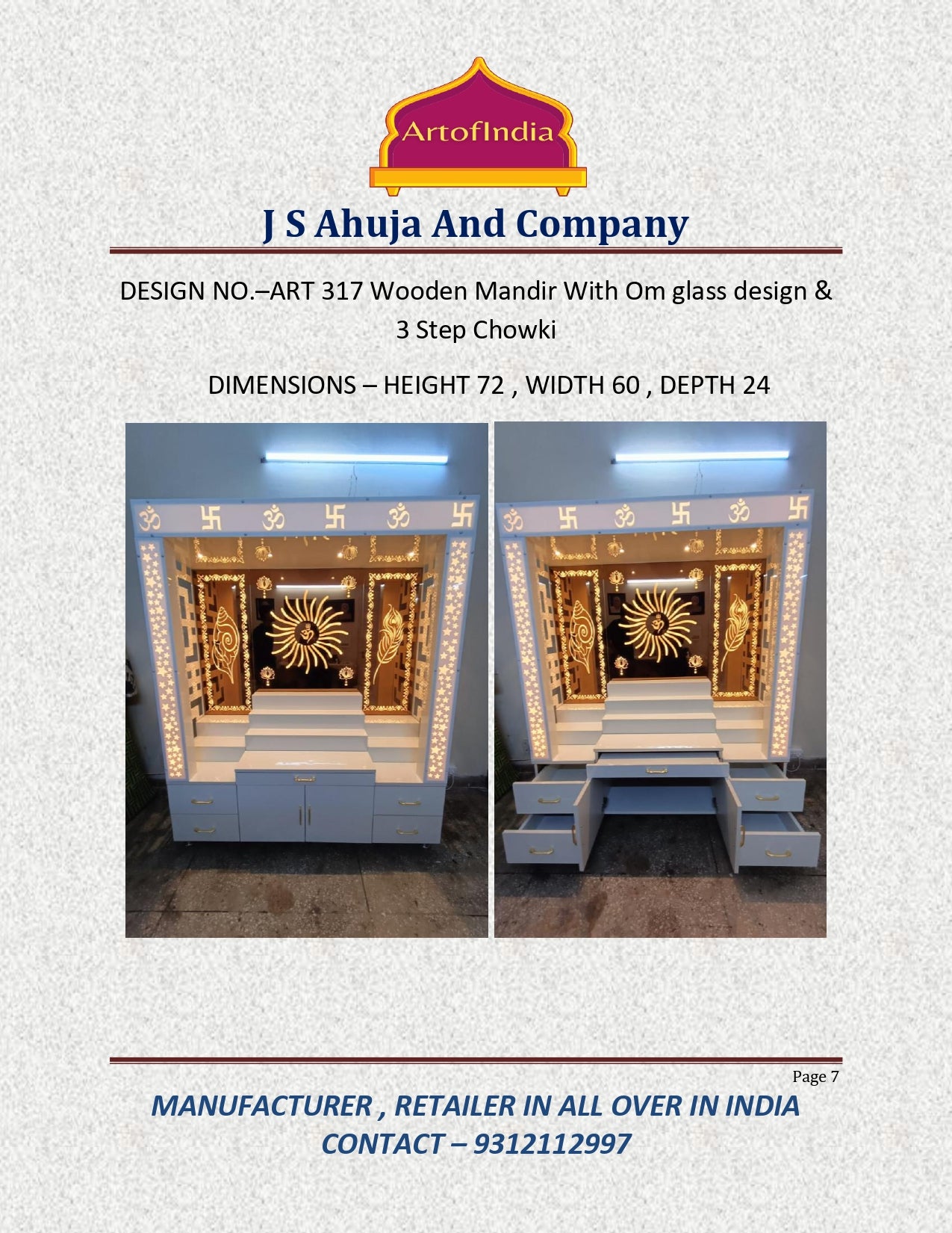 ARTOFINDIA White Wooden Pooja Mandir With Om Design Glass With  Drawers Included Tray