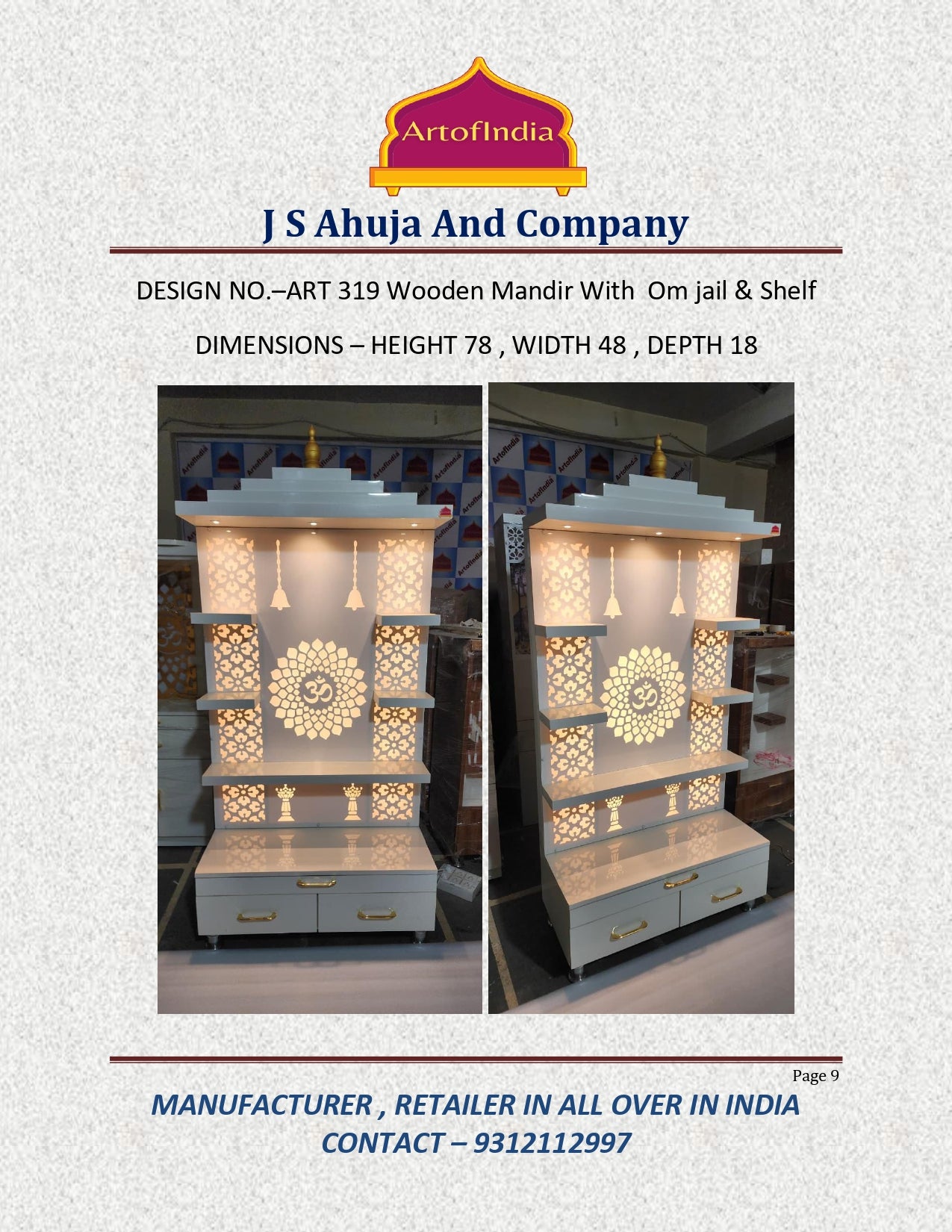 ARTOFINDIA White  Wooden Pooja Mandir With Om Acralyic Design Glass With  Drawers Included Tray