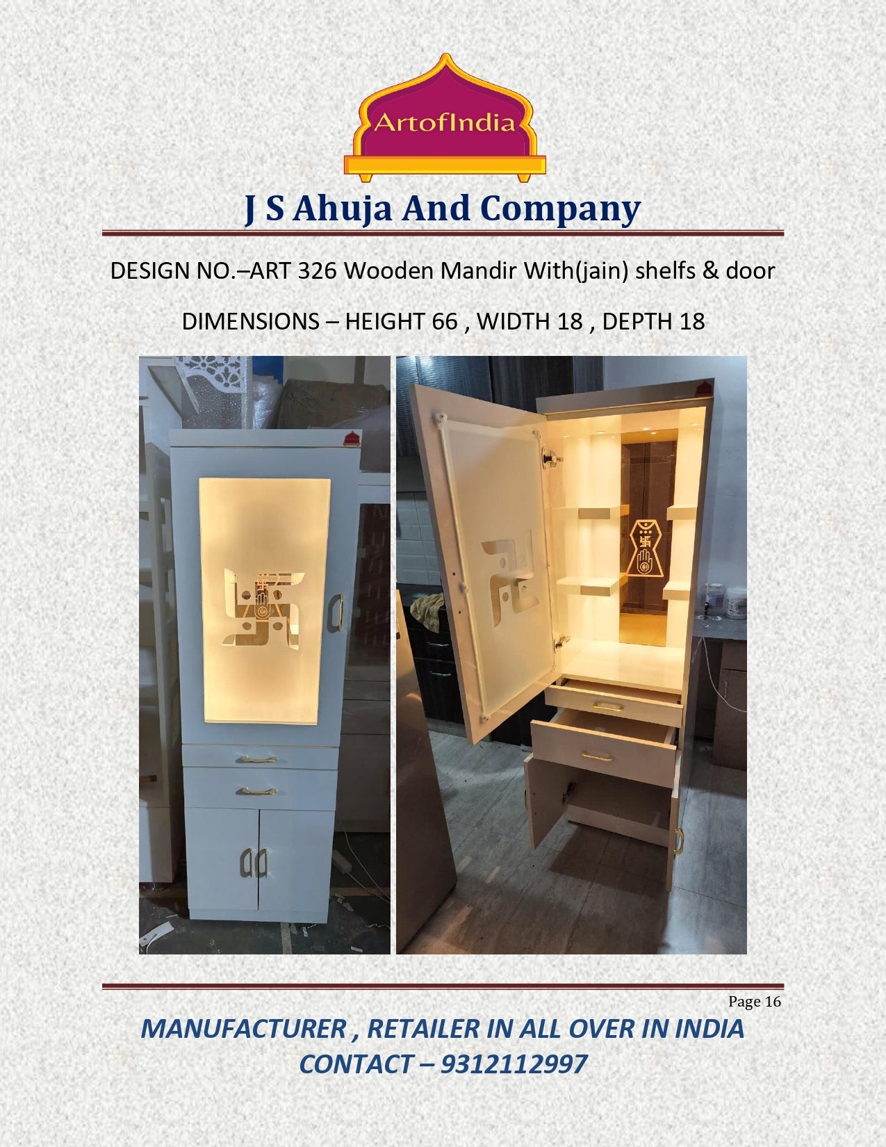 ARTOFINDIA White Wooden Pooja Mandir With Jain Glass And Doors  With  Drawers Included Tray