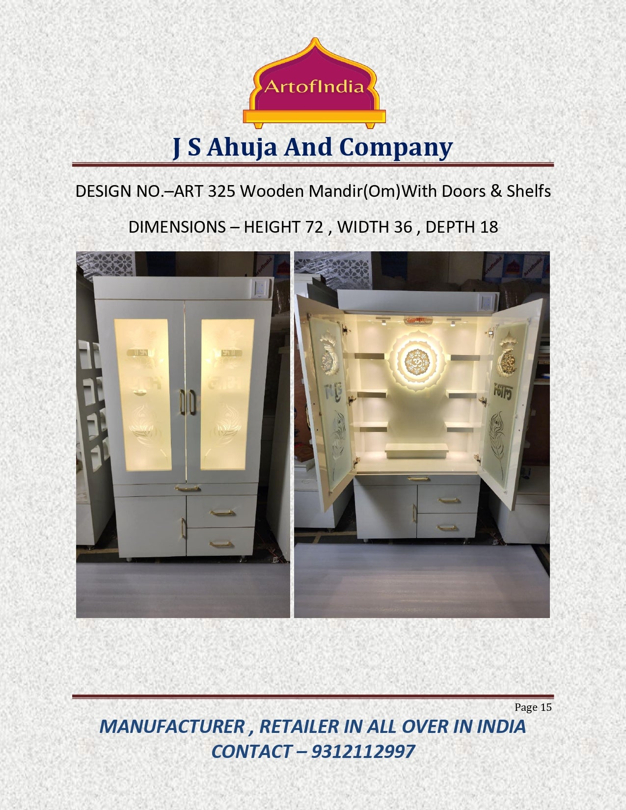 ARTOFINDIA White Wooden Pooja Mandir With OM Design  And Doors  With  Drawers Included Tray