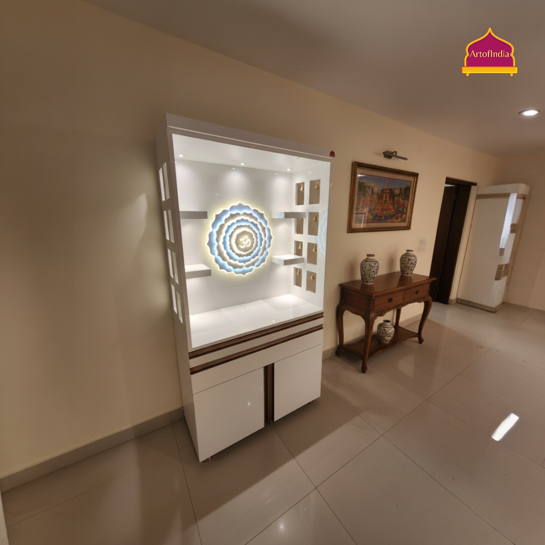 ARTOFINDIA White Wooden Pooja Mandir With Om Design  With  Drawers Included Tray