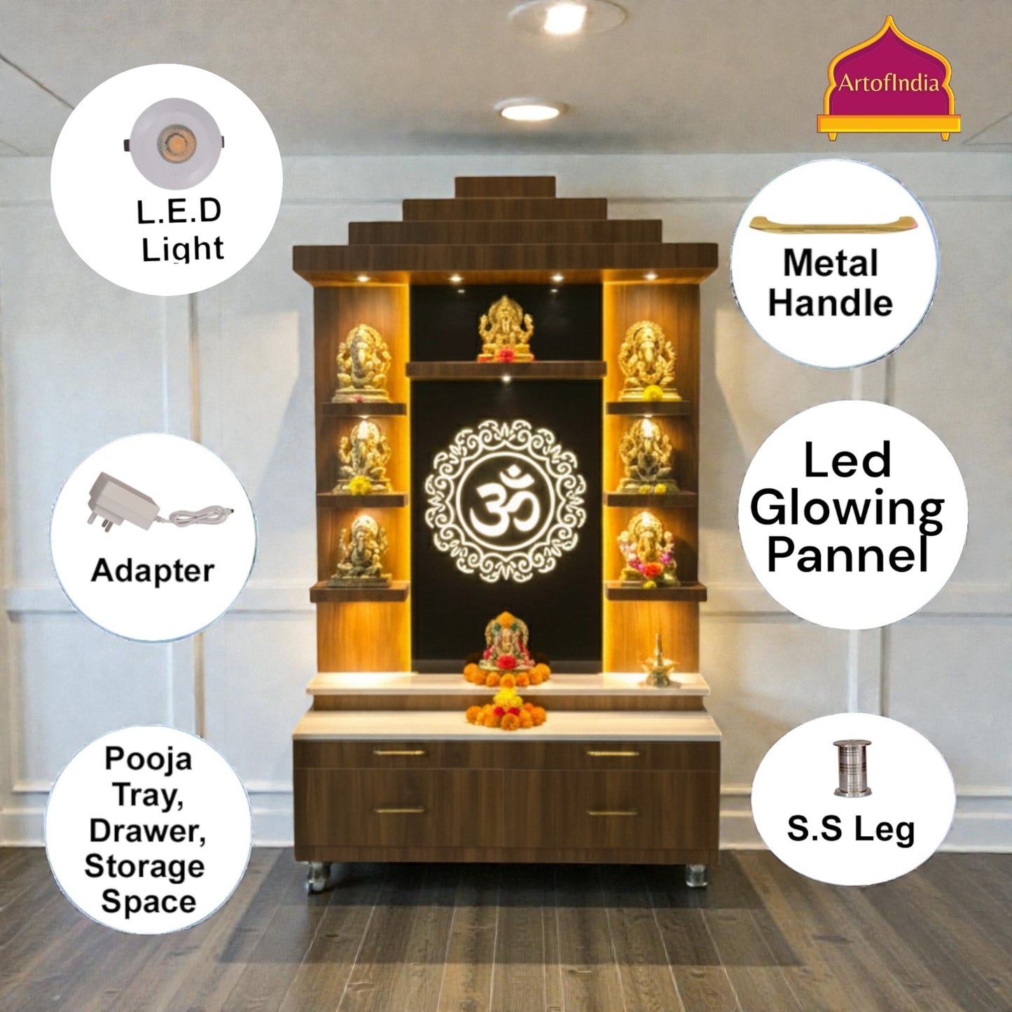 ARTOFINDIA Brown Wooden Pooja Mandir With Om Design Glass With  Drawers Included Tray