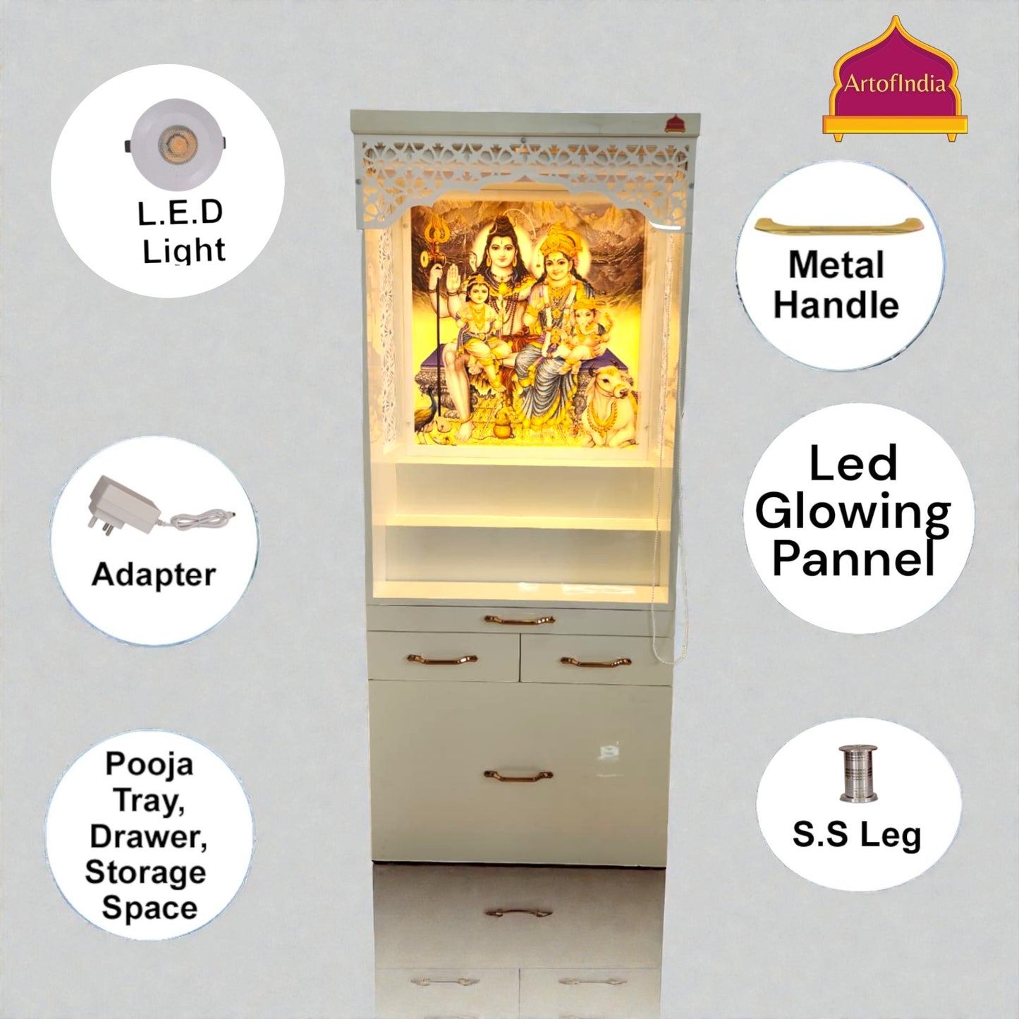 ARTOFINDIA White  Wooden Pooja Mandir With Om Shiv Parivar Design Corian Mandir  With Sitting Stool And Drawers Included Tray