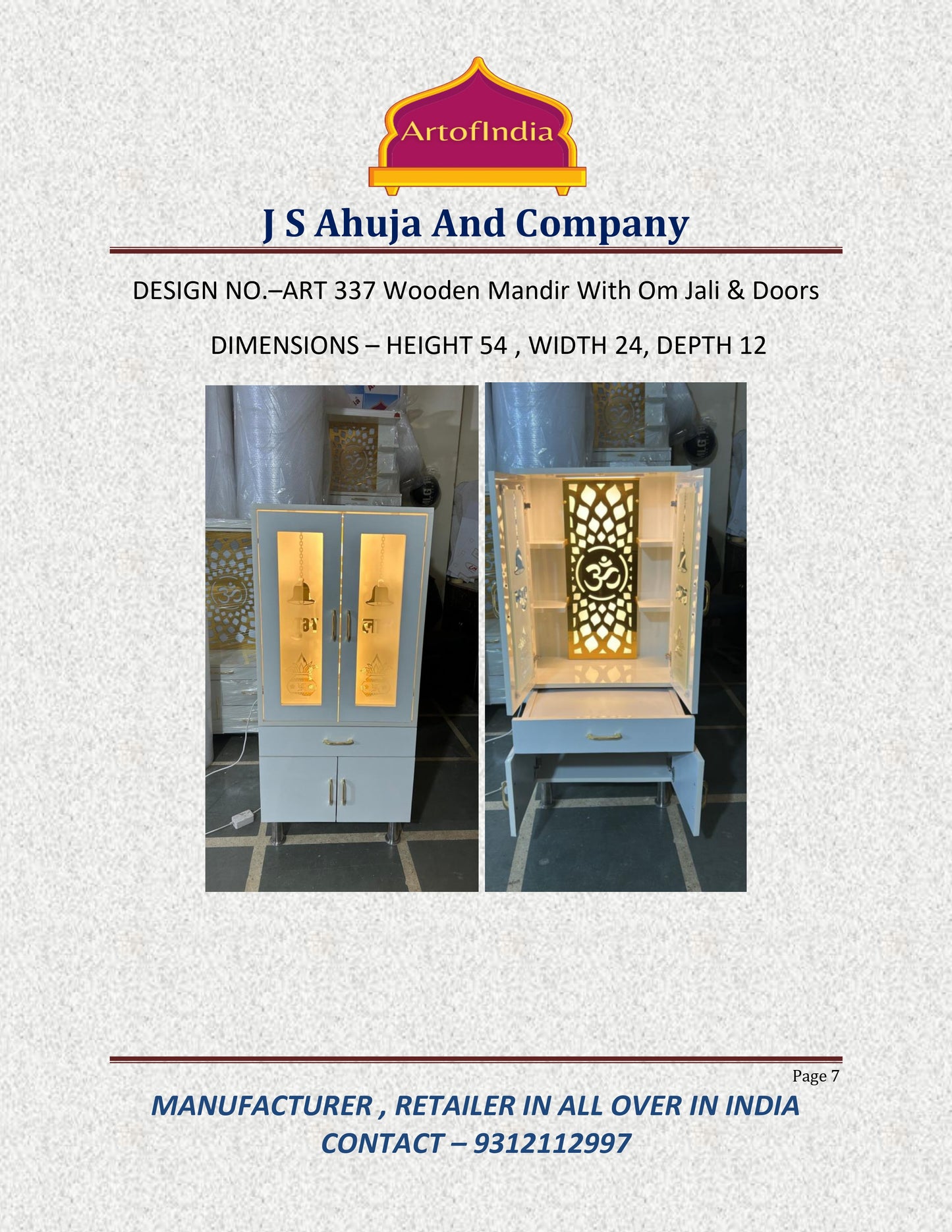 ARTOFINDIA White  Wooden Pooja Mandir  With Om Jali With Door And Drawers Including Tray