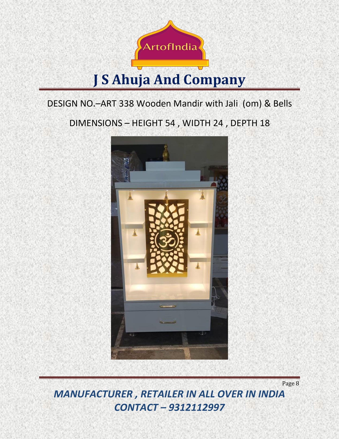 ARTOFINDIA White  Wooden Pooja Mandir  With Om Jali With Bells & Drawers Including Tray