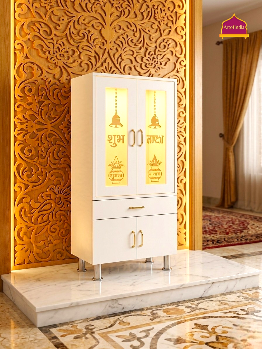 ARTOFINDIA White  Wooden Pooja Mandir  With Om Jali With Door And Drawers Including Tray