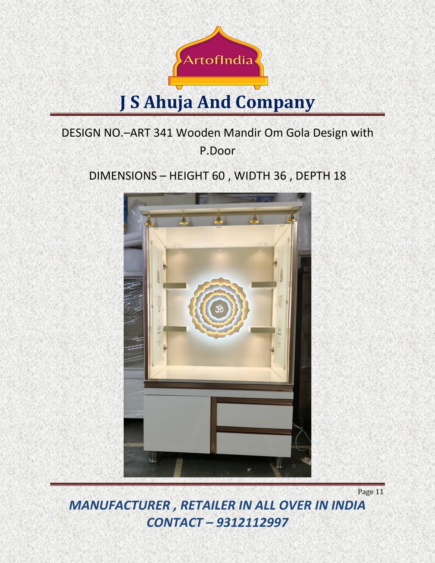 ARTOFINDIA White  Wooden Pooja Mandir  With Om Gola With P.Doors Drawers Including Tray