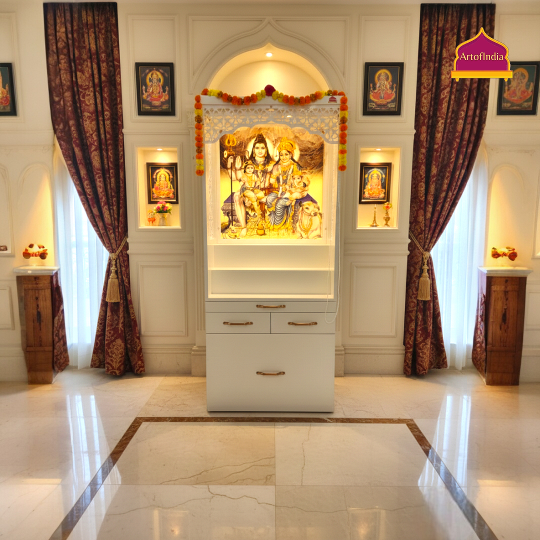 ARTOFINDIA White  Wooden Pooja Mandir With Om Shiv Parivar Design Corian Mandir  With Sitting Stool And Drawers Included Tray