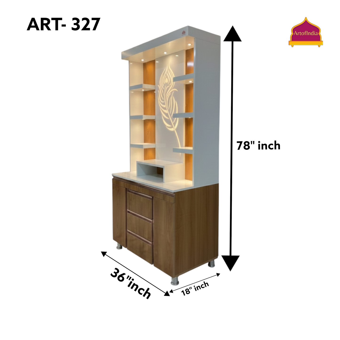 ARTOFINDIA White Wooden Pooja Mandir With Jain Glass And Doors  With  Drawers Included Tray