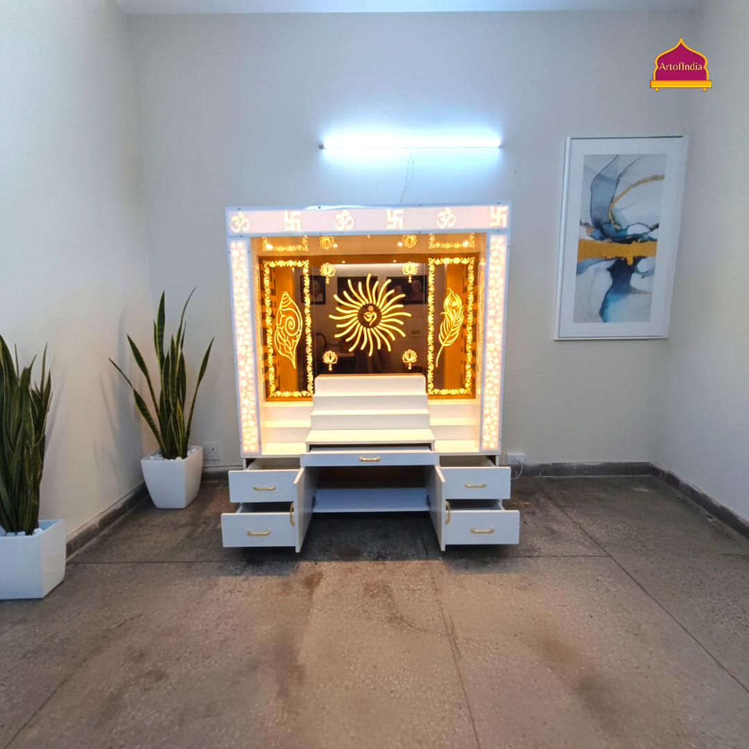 ARTOFINDIA White Wooden Pooja Mandir With Om Design Glass With  Drawers Included Tray