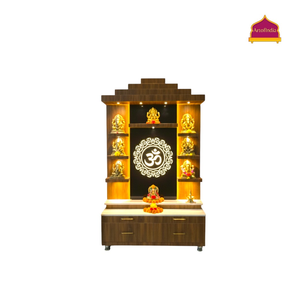 ARTOFINDIA Brown Wooden Pooja Mandir With Om Design Glass With  Drawers Included Tray