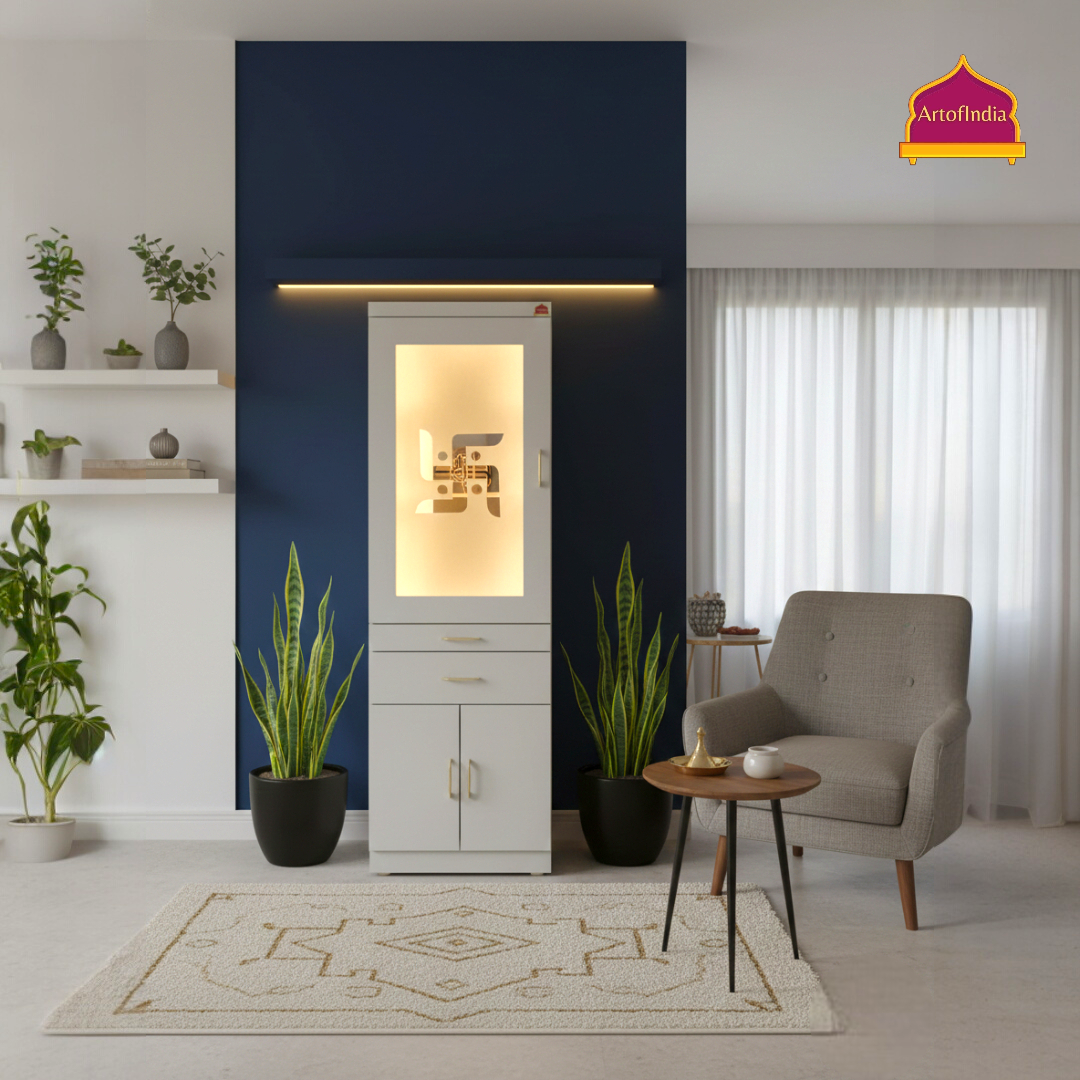 ARTOFINDIA White Wooden Pooja Mandir With Jain Glass And Doors  With  Drawers Included Tray