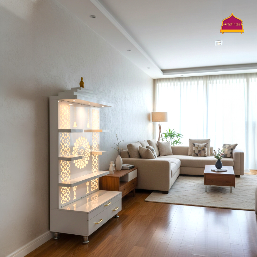 ARTOFINDIA White  Wooden Pooja Mandir With Om Acralyic Design Glass With  Drawers Included Tray