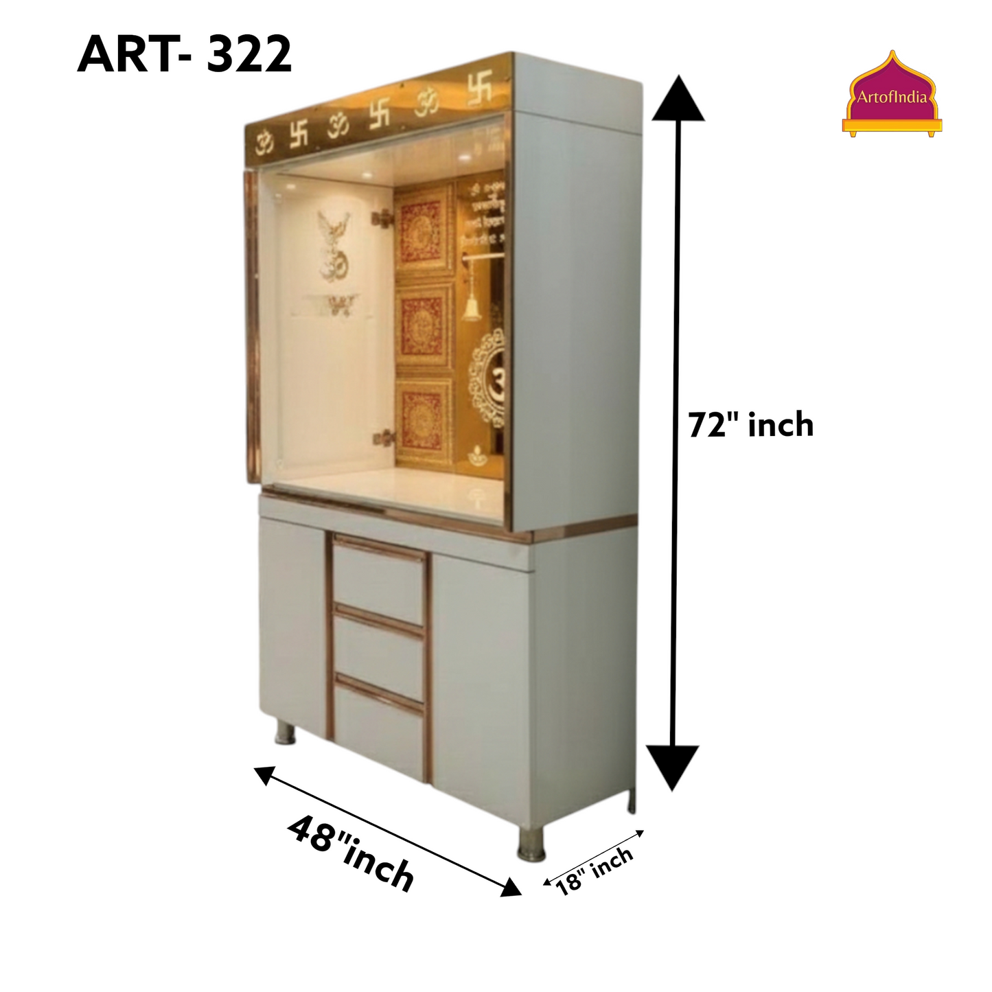 ARTOFINDIA White Wooden Pooja Mandir With Om Glass  Design And Doors  With  Drawers Included Tray