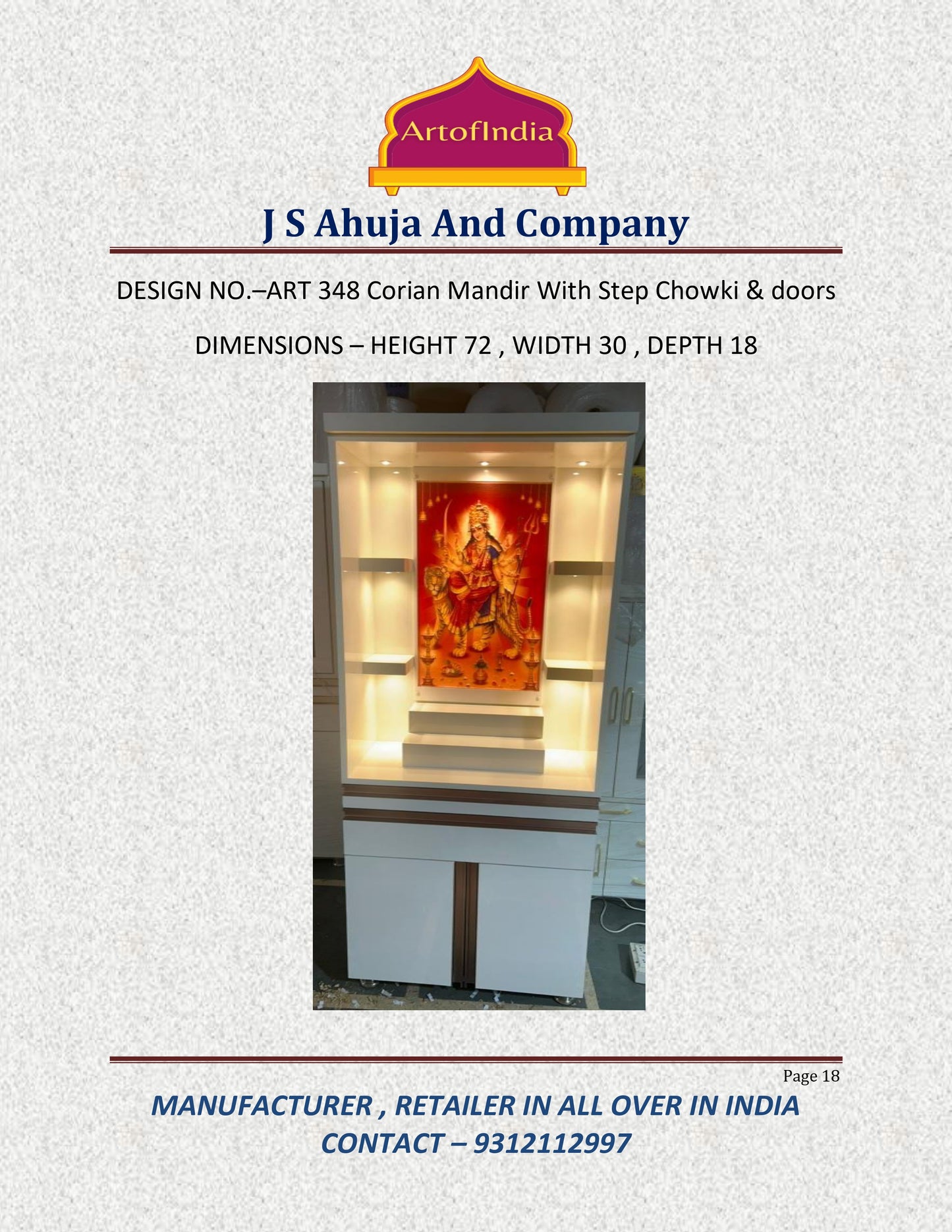 ARTOFINDIA White Wooden Pooja Mandir  With Mata JI  Colour Corian With Drawers Including Tray