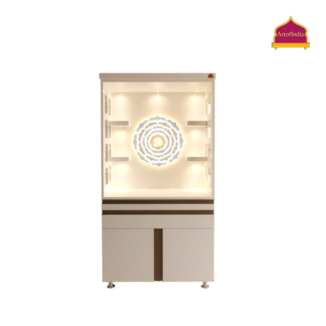 ARTOFINDIA White Wooden Pooja Mandir With Om Design  With  Drawers Included Tray