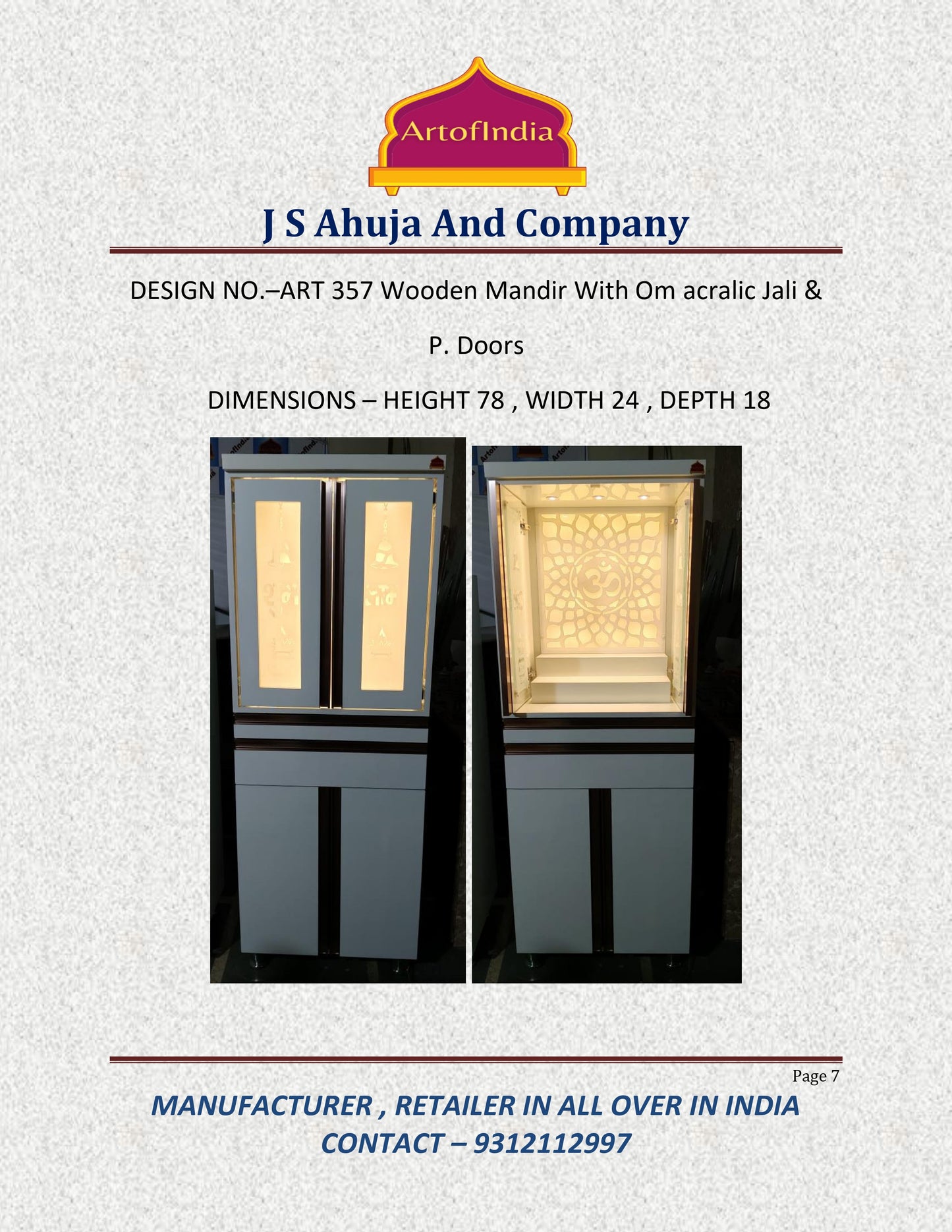 ARTOFINDIA White Wooden Pooja Mandir  With Om Acrlyic Design,Om  Design  with profile & shelfs  and drawers & tray