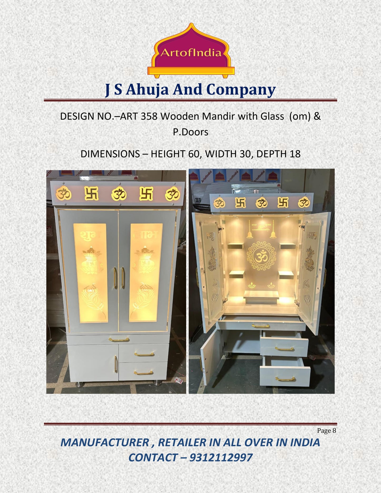 ARTOFINDIA White  Wooden Pooja Mandir  With Om Swastik Patti and  Om Glass  With P. Doors And step  Drawers Including Tray