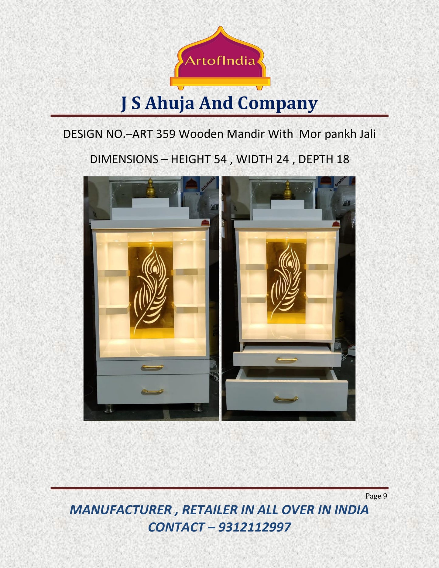 ARTOFINDIA/Elegant White Wooden Mandir With Shelfs And Mor Pankh Jali  For Home /Designer Temple