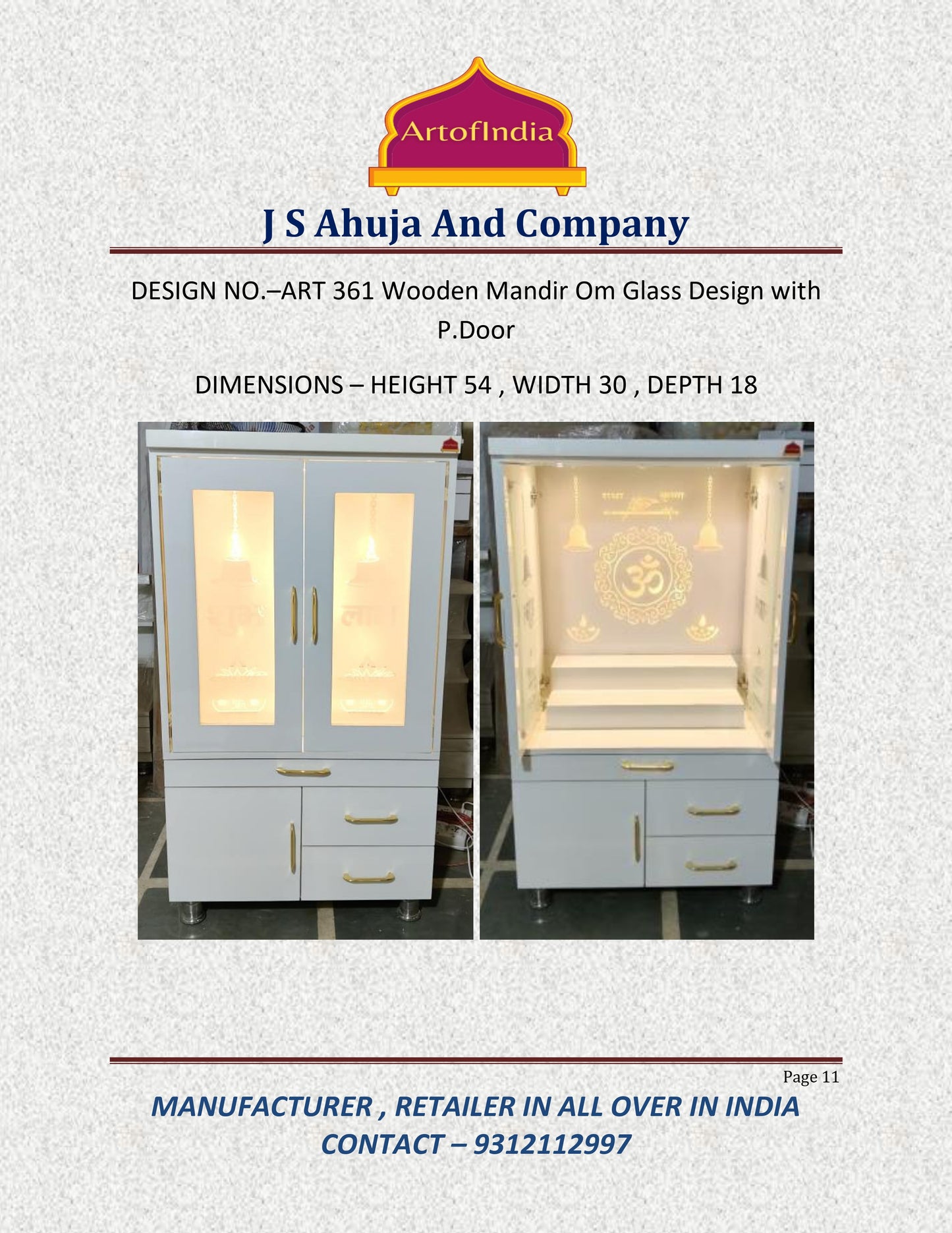 ARTOFINDIA White  Wooden Pooja Mandir  With Om Full Glass With P. Doors And Drawers Including Tray