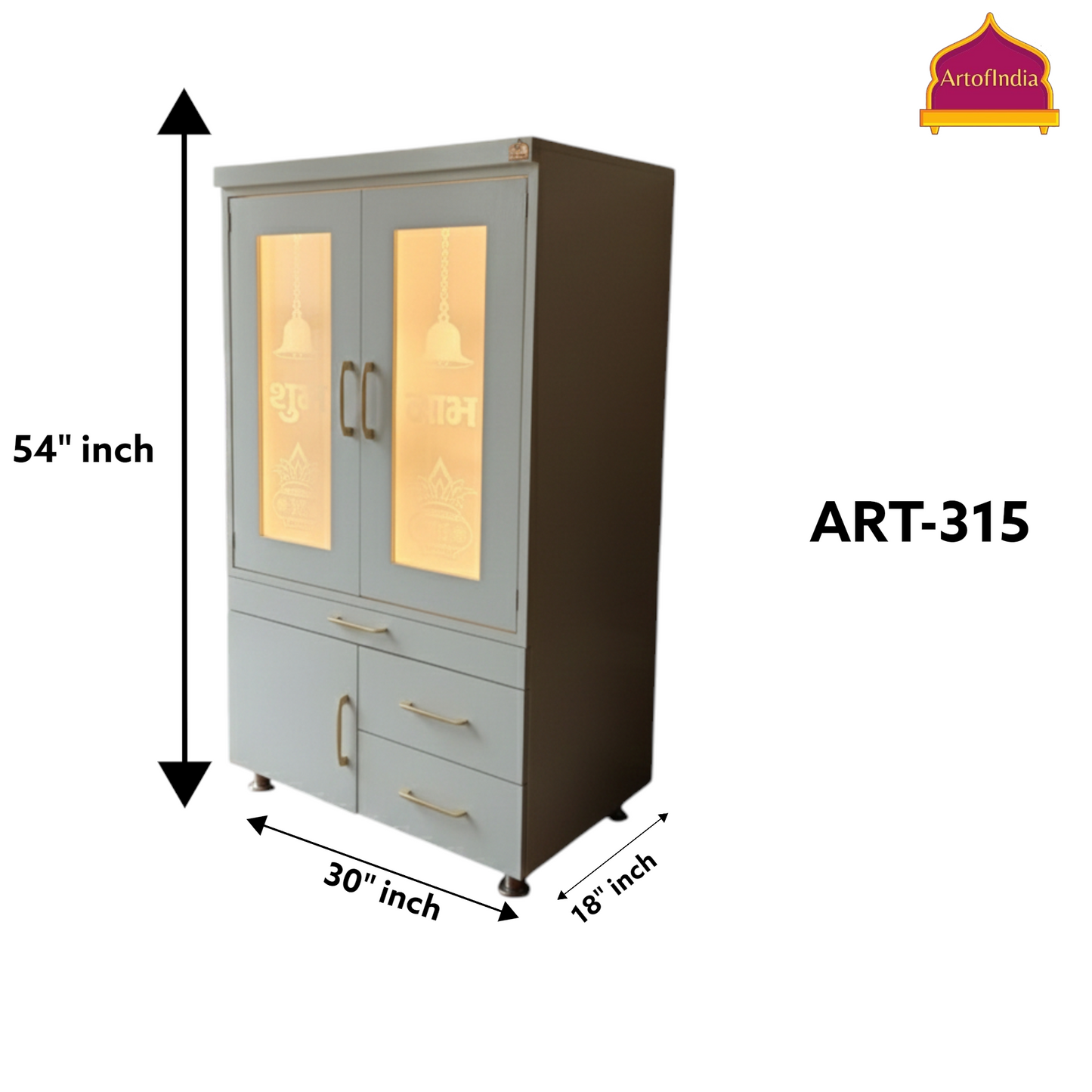ARTOFINDIA White Wooden Pooja Mandir With Om Design Glass and Doors With  Drawers Included Tray