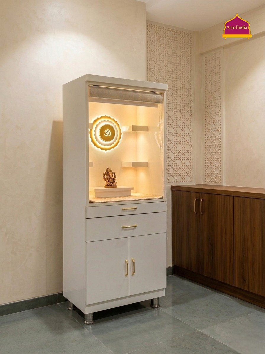 ARTOFINDIA White Wooden Pooja Mandir With Om Gola With Blind  And Drawers Included Tray