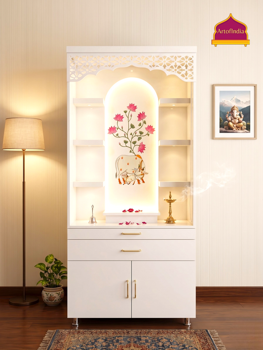 ARTOFINDIA Beautiful White Designer Wooden Mandir With  Lotus Design For Home/ Designer Temple