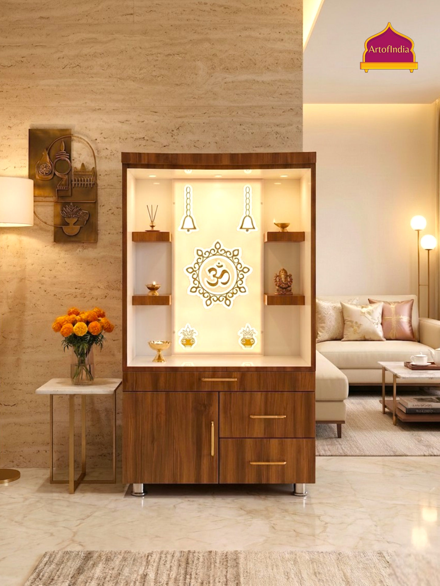 ARTOFINDIA White Brown Wooden Pooja Mandir  With Om Acralyic Design With Drawers Including Tray