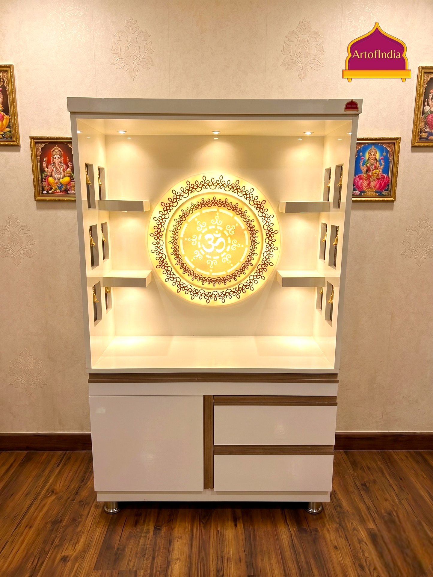 ARTOFINDIA White  Wooden Pooja Mandir  With Om Acrlyic Gola With Drawers Including Tray