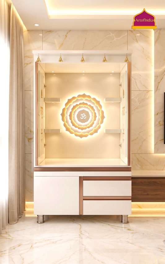 ARTOFINDIA White  Wooden Pooja Mandir  With Om Gola With P.Doors Drawers Including Tray