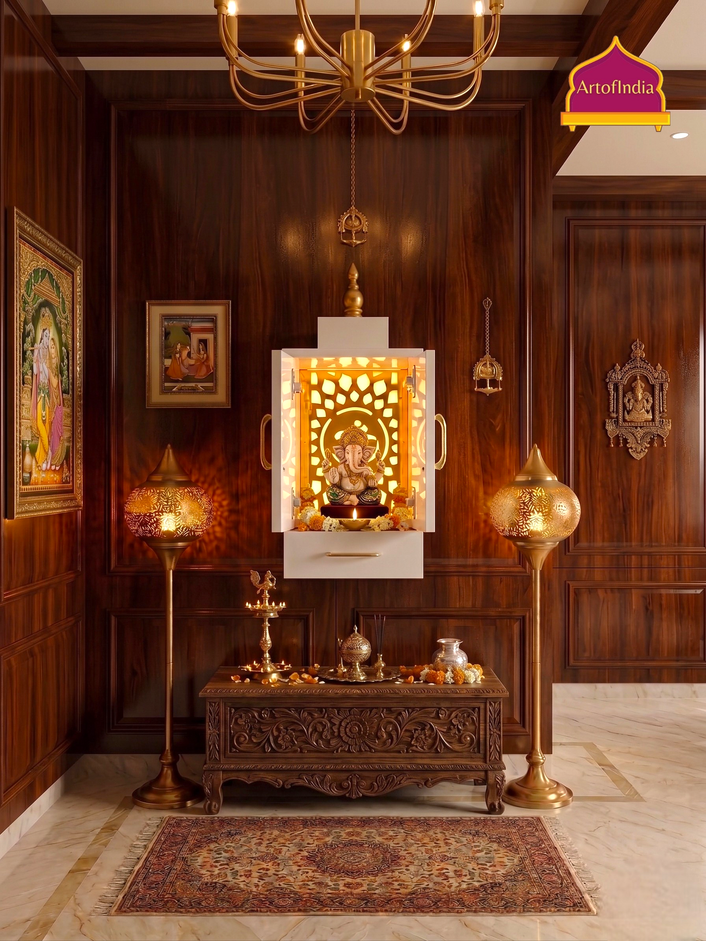 ARTOFINDIA Beautiful White Designer Wooden Mandir With  Doors  For Home/ Designer Temple