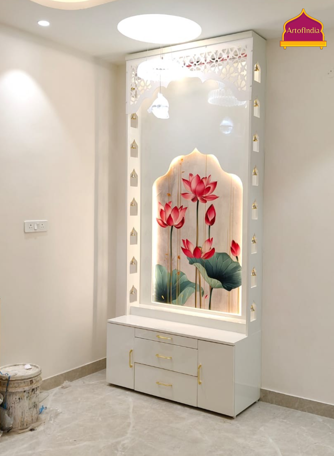 ARTOFINDIA White Wooden Pooja Mandir With Lotus Design & bells &  Mehrab   and Drawers Included Tray