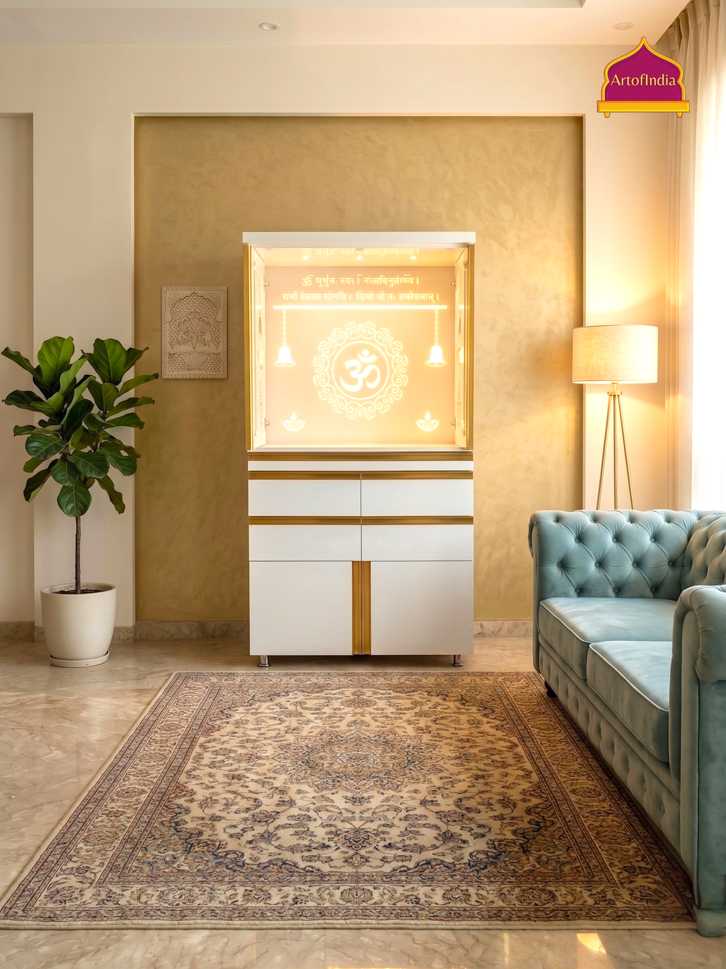 ARTOFINDIA/Elegant White Wooden Mandir With Designer Pocket Sliding Door And Om Gaytri mantra Design For Home /Designer Temple