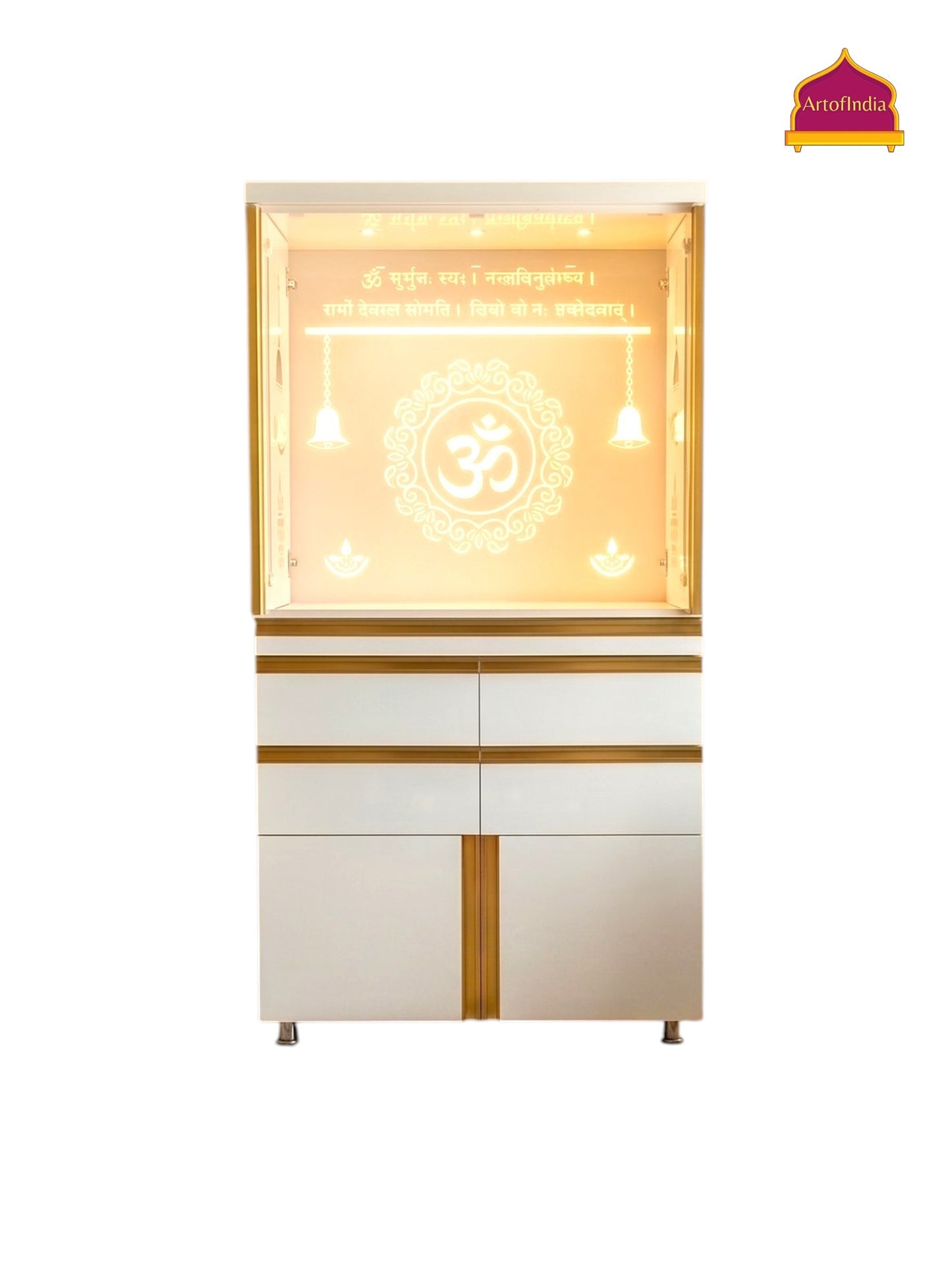 ARTOFINDIA/Elegant White Wooden Mandir With Designer Pocket Sliding Door And Om Gaytri mantra Design For Home /Designer Temple