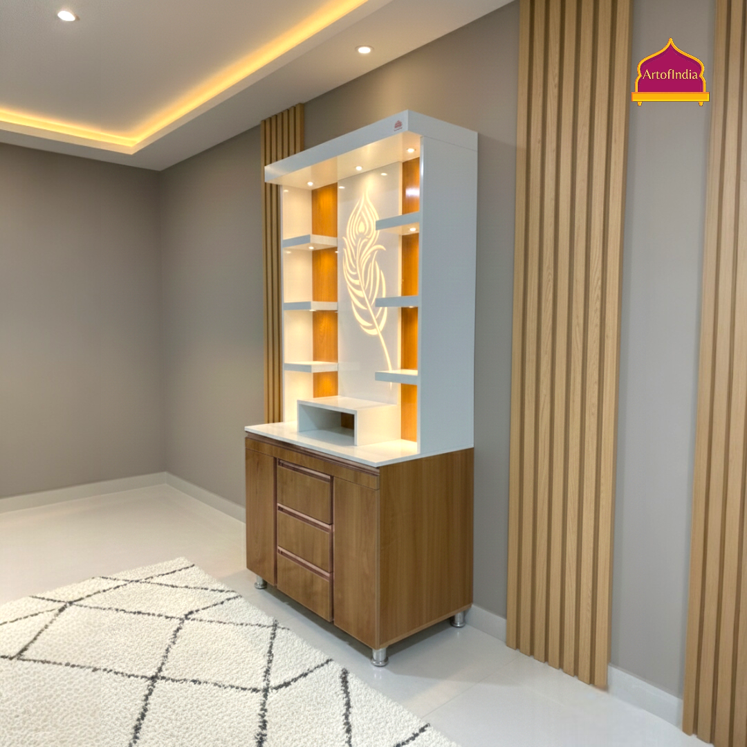 ARTOFINDIA White Wooden Pooja Mandir With Jain Glass And Doors  With  Drawers Included Tray