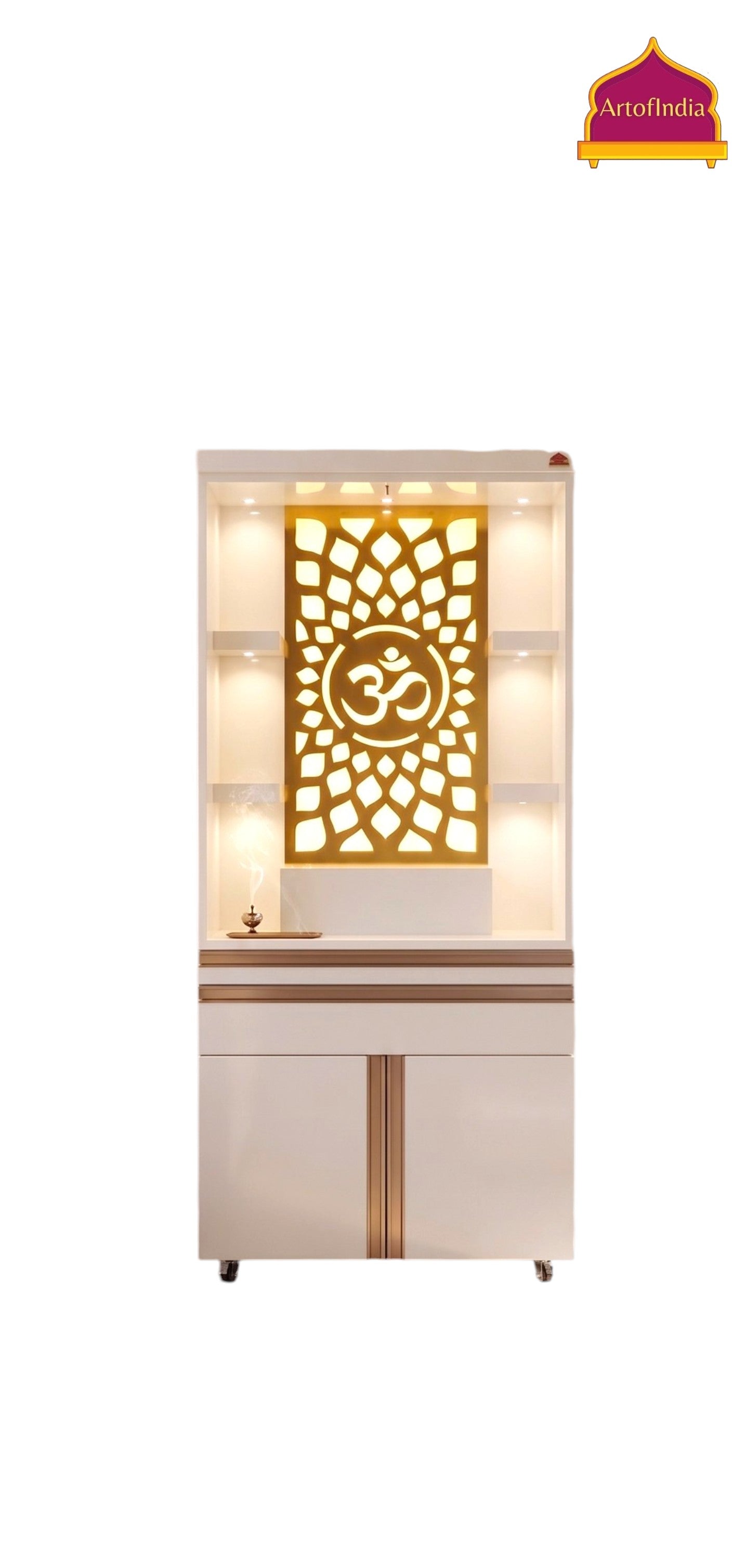 ARTOFINDIA/Gorgeous White Designer Wooden Mandir With (Front) Om Jali & Profile For Home/Designer Temple