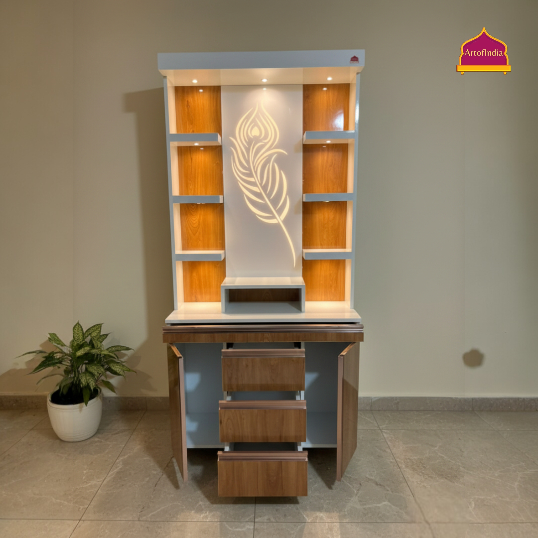 ARTOFINDIA White Wooden Pooja Mandir With Jain Glass And Doors  With  Drawers Included Tray