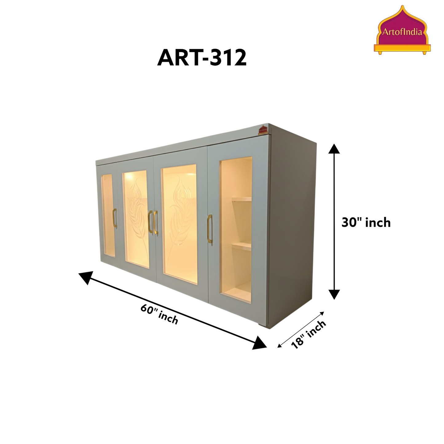 ARTOFINDIA White Wooden Pooja Mandir With Mor Pankh  Design Glass  and Drawers Included Tray