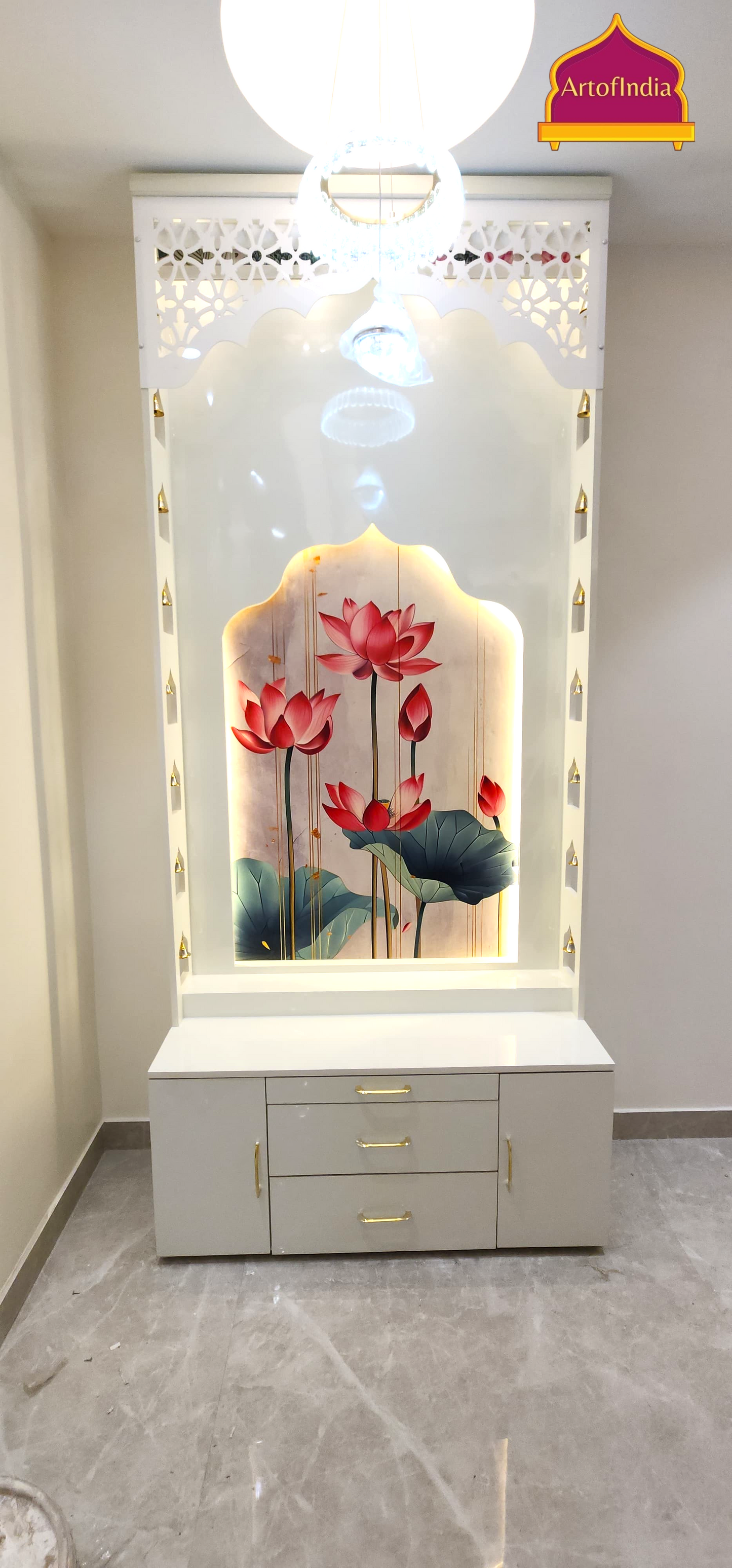 ARTOFINDIA White Wooden Pooja Mandir With Lotus Design & bells &  Mehrab   and Drawers Included Tray