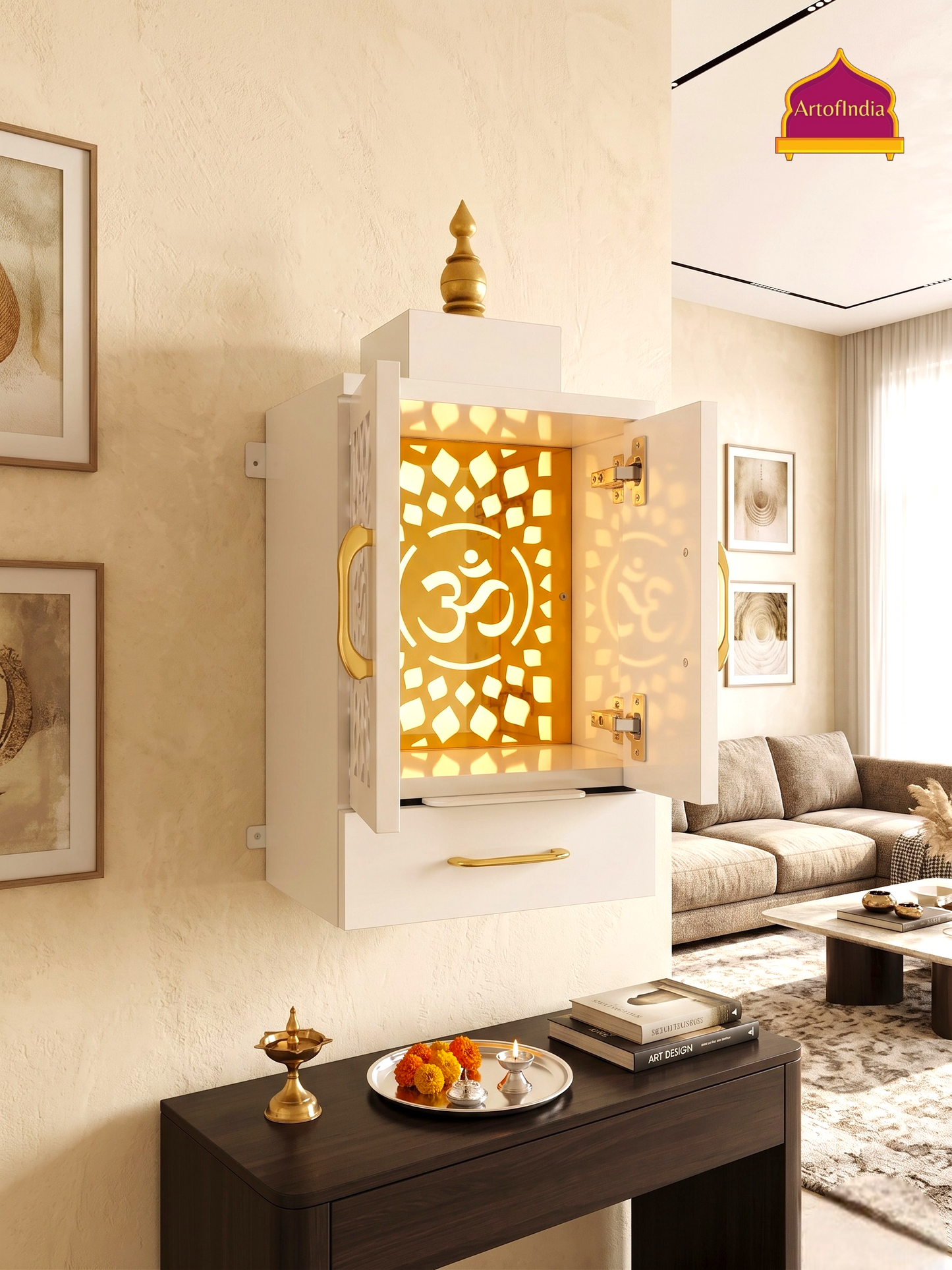 ARTOFINDIA Beautiful White Designer Wooden Mandir With  Doors  For Home/ Designer Temple