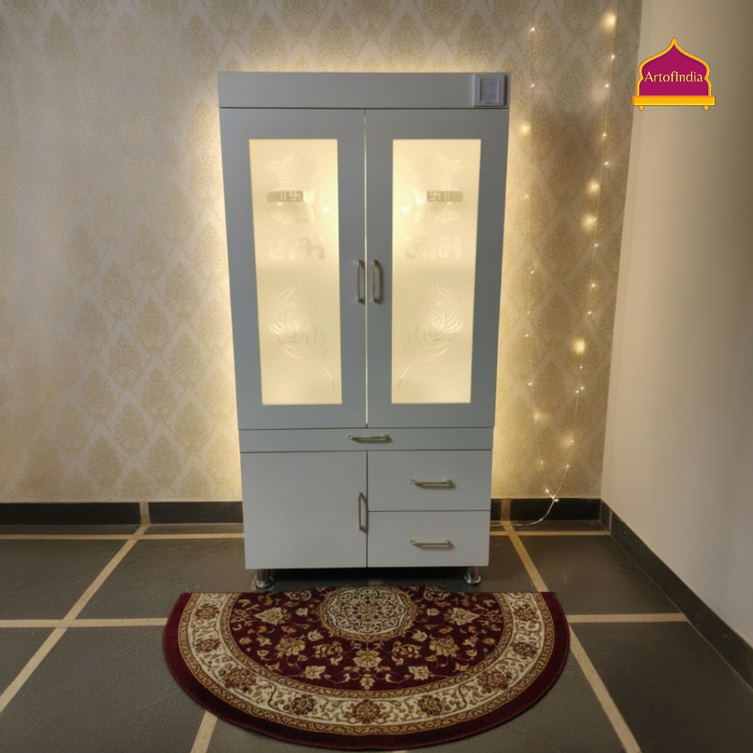 ARTOFINDIA White Wooden Pooja Mandir With OM Design  And Doors  With  Drawers Included Tray