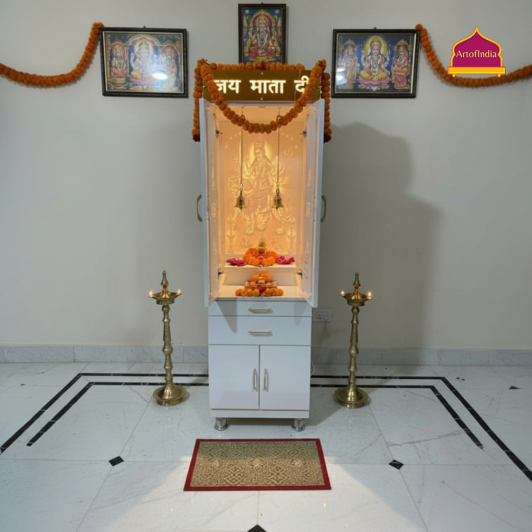 ARTOFINDIA White  Wooden Corian  Mandir With  Mata Ji Design Corian Mandir  With Drawers Included Tray