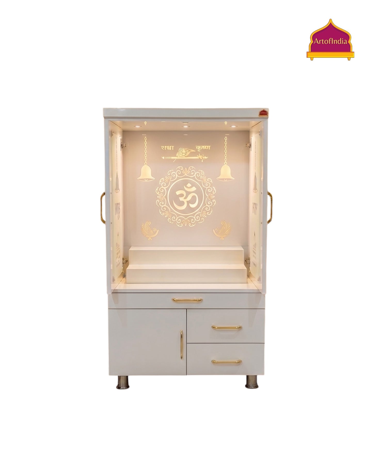 ARTOFINDIA White  Wooden Pooja Mandir  With Om Full Glass With P. Doors And Drawers Including Tray
