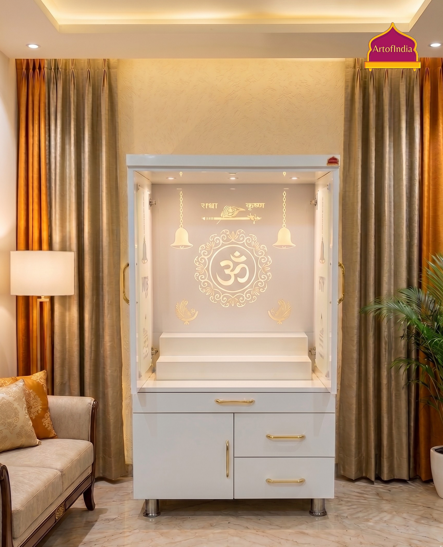 ARTOFINDIA White  Wooden Pooja Mandir  With Om Full Glass With P. Doors And Drawers Including Tray