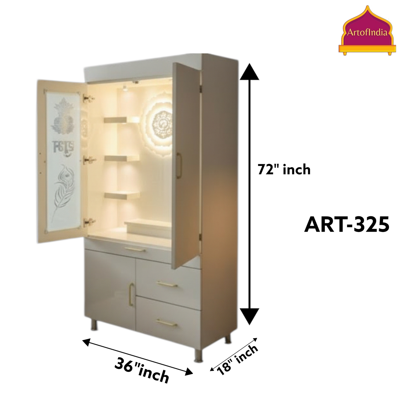 ARTOFINDIA White Wooden Pooja Mandir With OM Design  And Doors  With  Drawers Included Tray